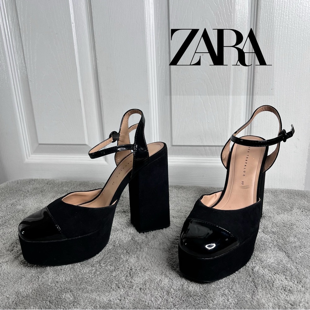 Zara Black Platform Block Heels 7
